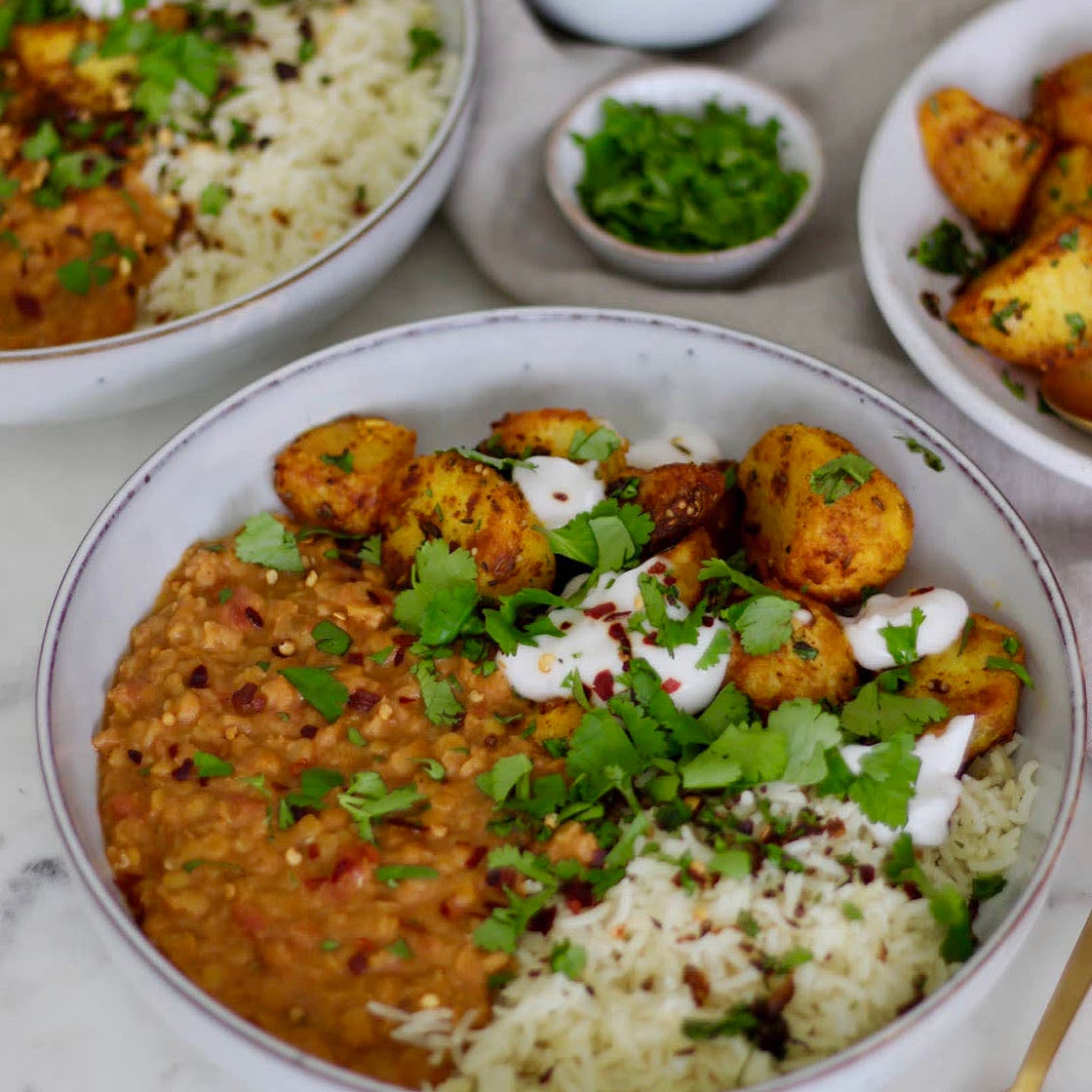 Red Lentil & Coconut Dal with Spiced Potatoes