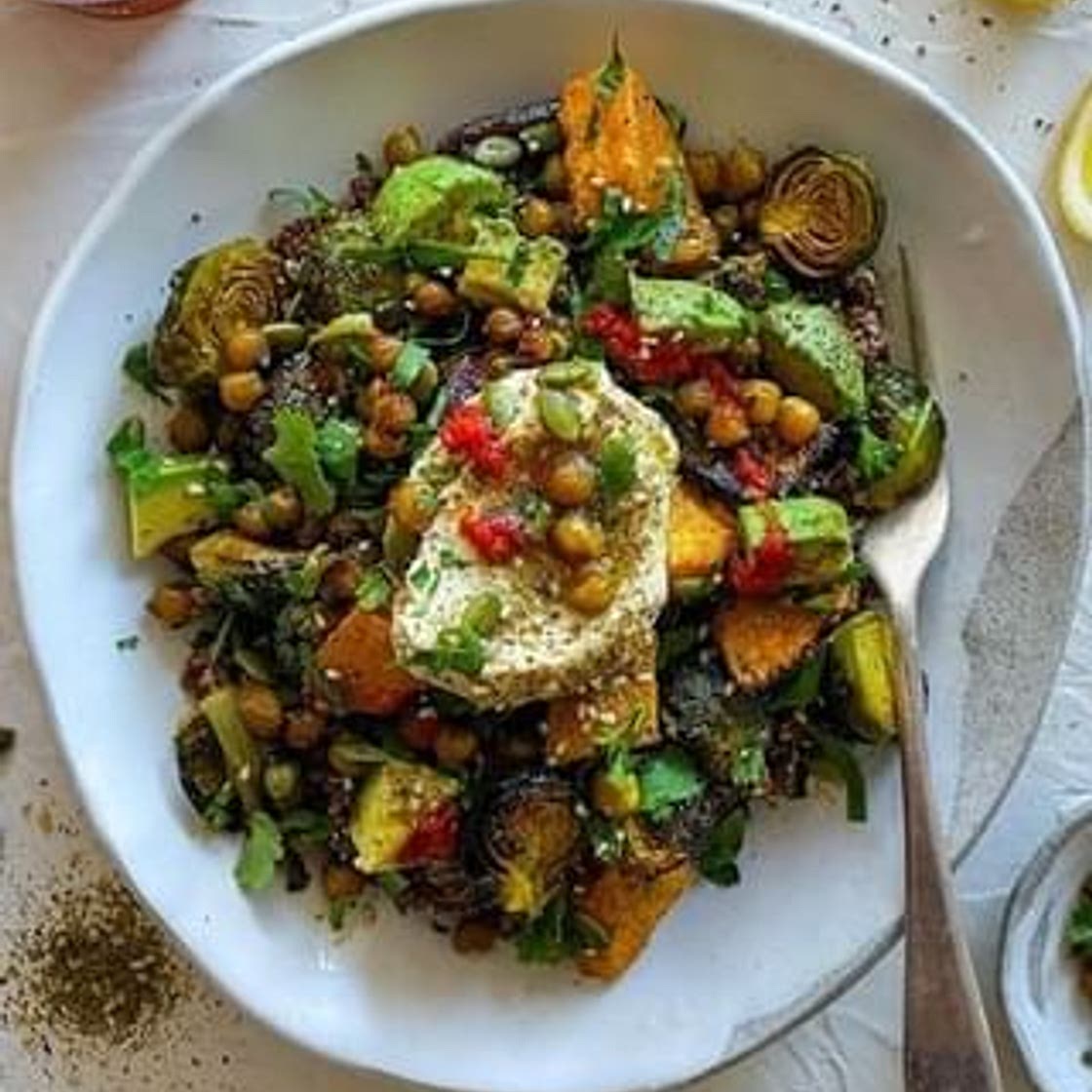 Roast Brussel Sprout, Pumpkin, Hummus & Quinoa Bowl
