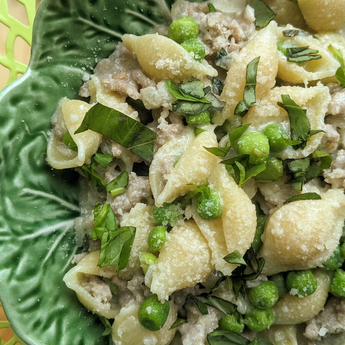 Tagliatelle with Smashed Peas, Sausage, and Ricotta Cheese