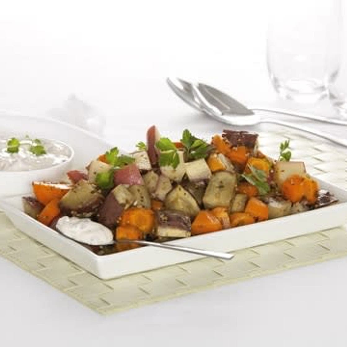 Roasted Vegetable Salad with Sour Cream and Red Onion Dressing