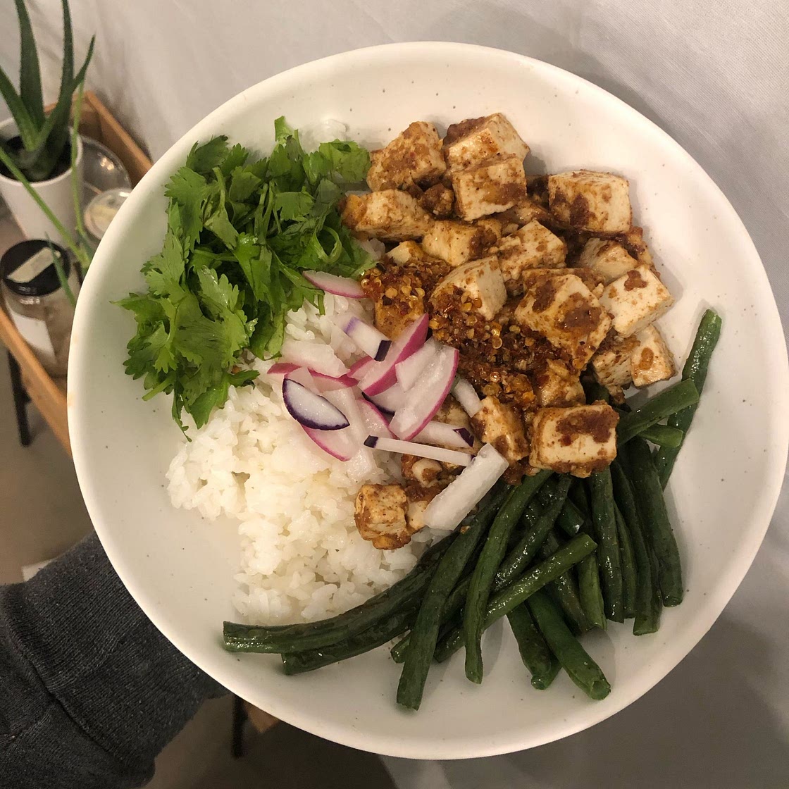 Almond Butter Tofu with Pea Shoots & Sticky Rice