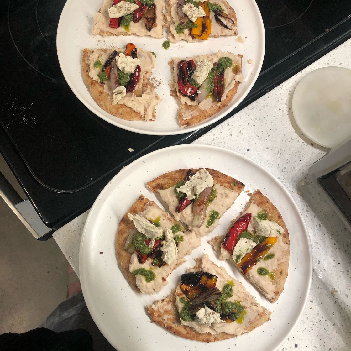Pesto Flatbreads with Agrodolce Peppers & Cannellini Bean Purée