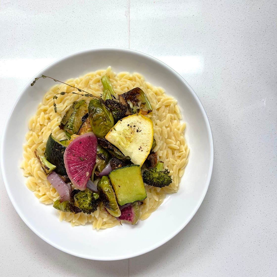 Roasted Seasonal Veggies with Parmesan Orzo 