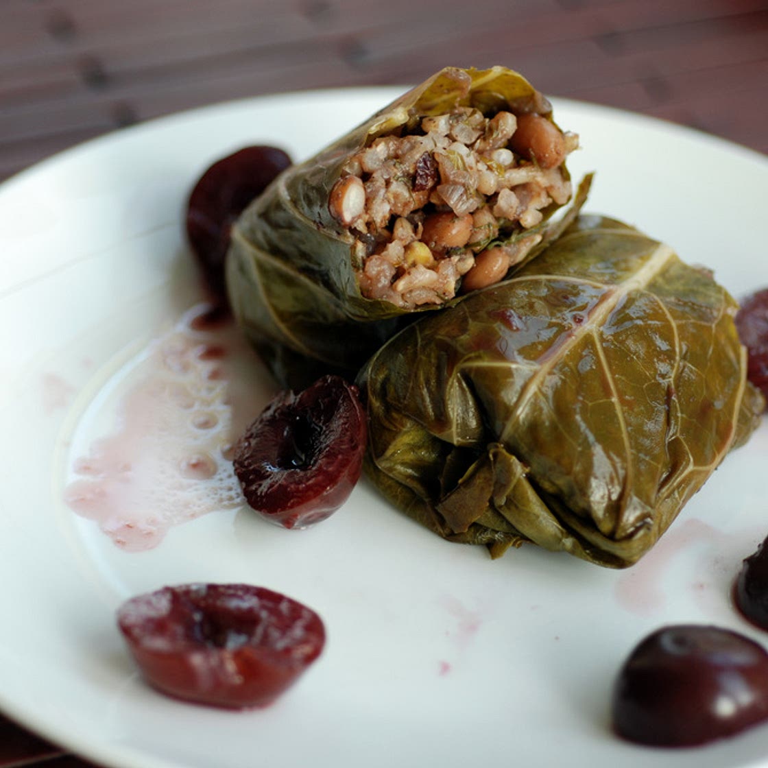Cherry Collard Dolmas (Turkish Collard Leaves Stuffed with Rice, Beans and Fresh Cherries -Visneli Yaprak Sarma)