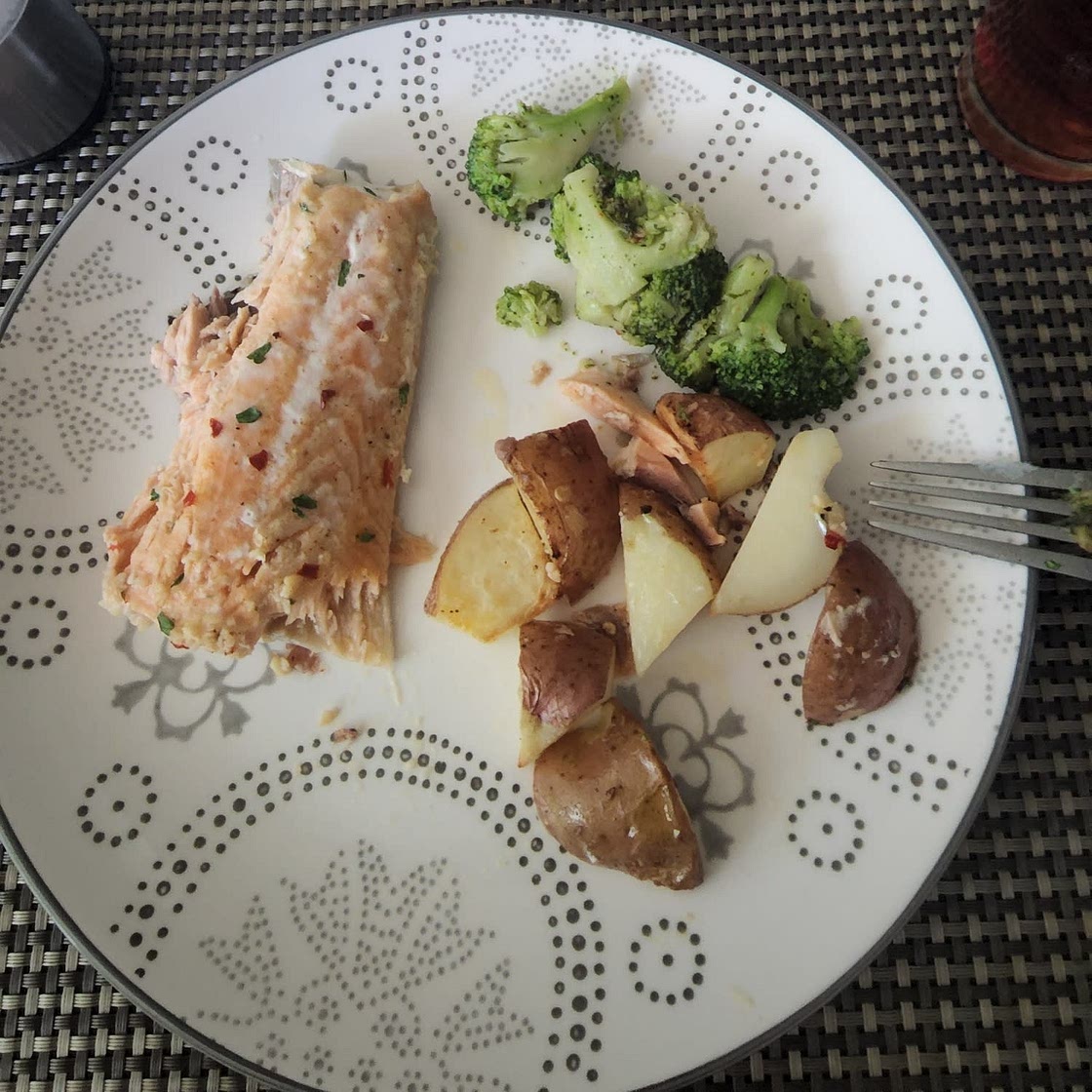 One Sheet-Pan Garlic Butter Salmon + Red Potatoes