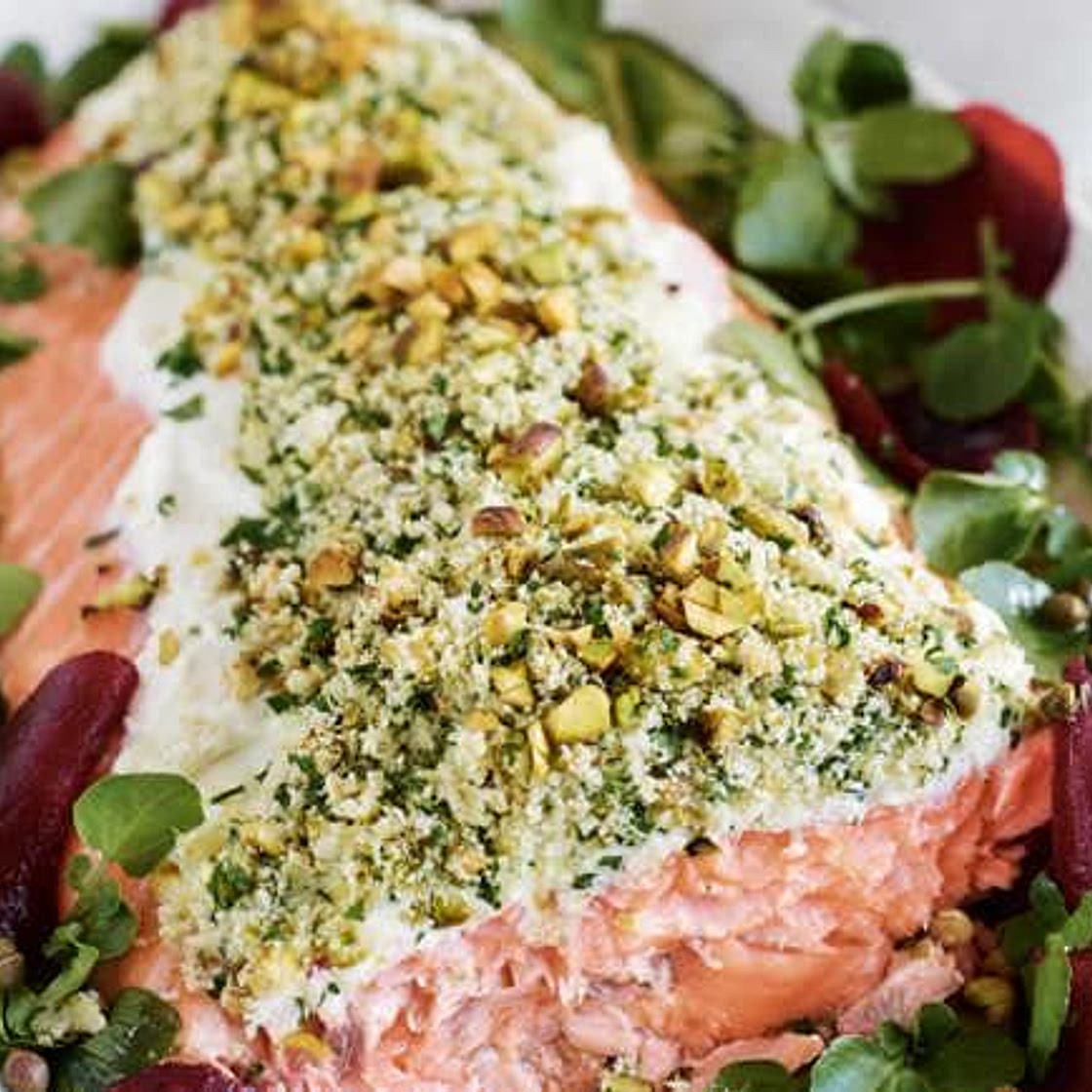 Pistachio-crusted side of salmon