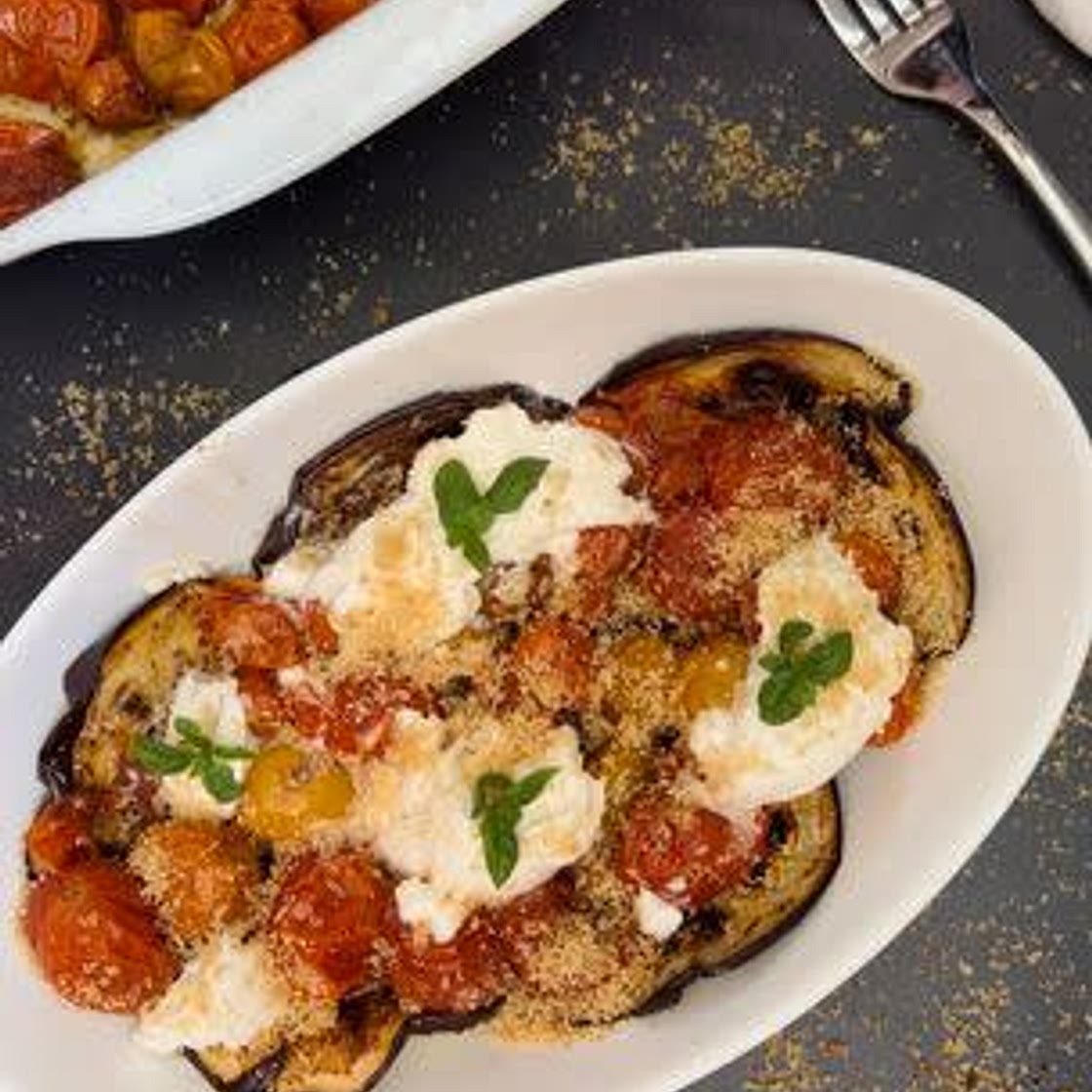 Grilled Eggplant With Roasted Tomatoes, Burrata And Garlic Breadcrumbs