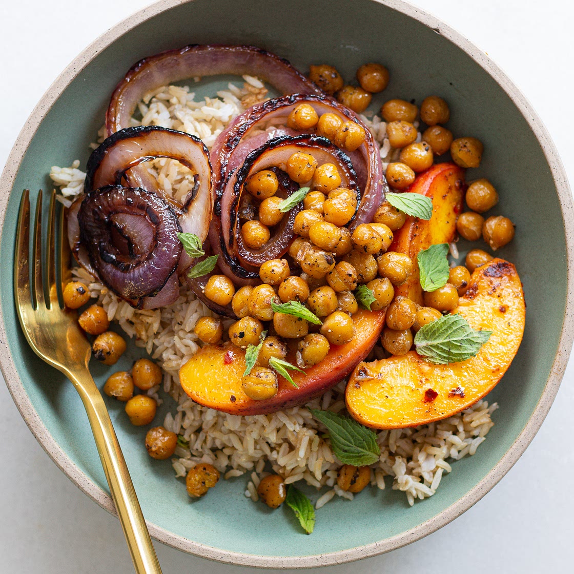 Crispy Chickpea Bowl with Spiced Grilled Peaches & Blackened Red Onions