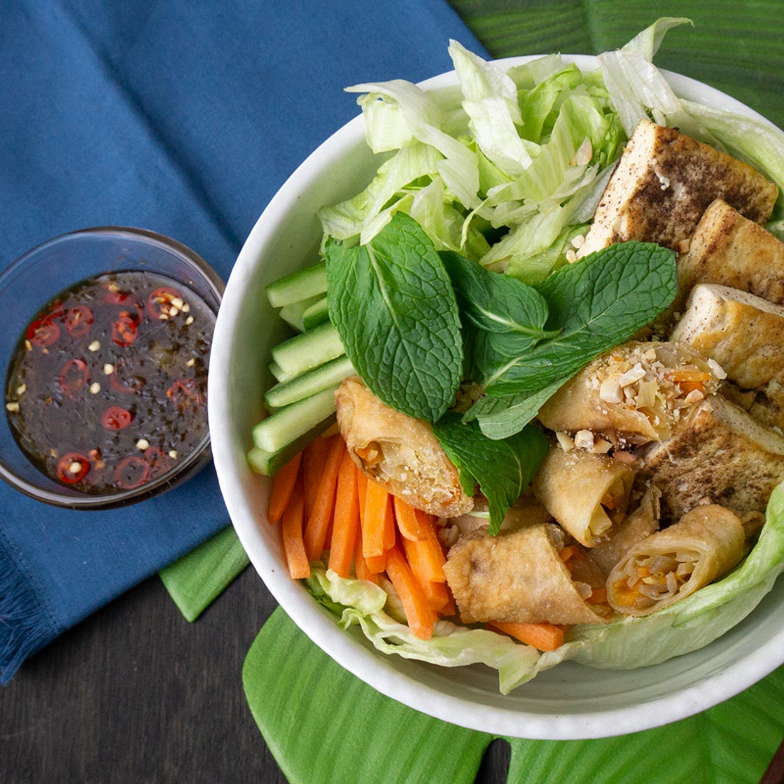 Vegan Tofu and Spring Roll Vermicelli Salad