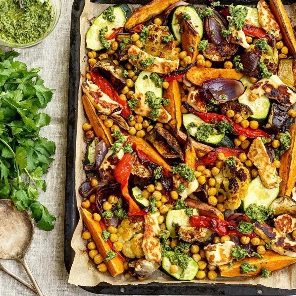 Vegetable, Chickpea & Halloumi Traybake with Zhoug - Anna's Family Kitchen