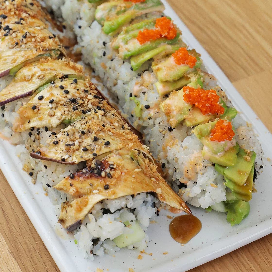 Vegan Dragon Roll & Vegan Caterpillar Roll (Vegan Eggplant Eel)
