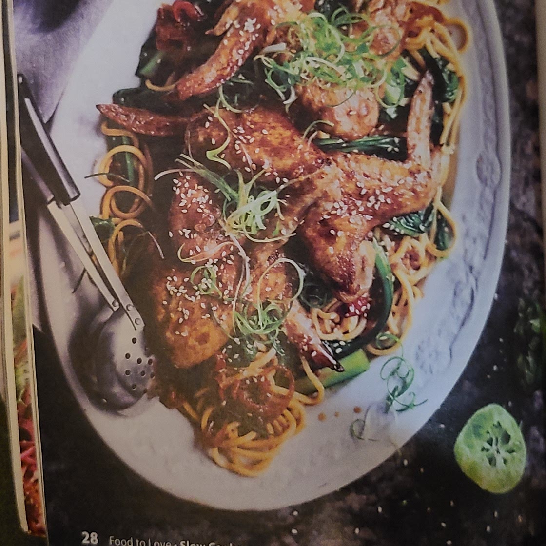 Soy-glazed chicken wings with noodles
