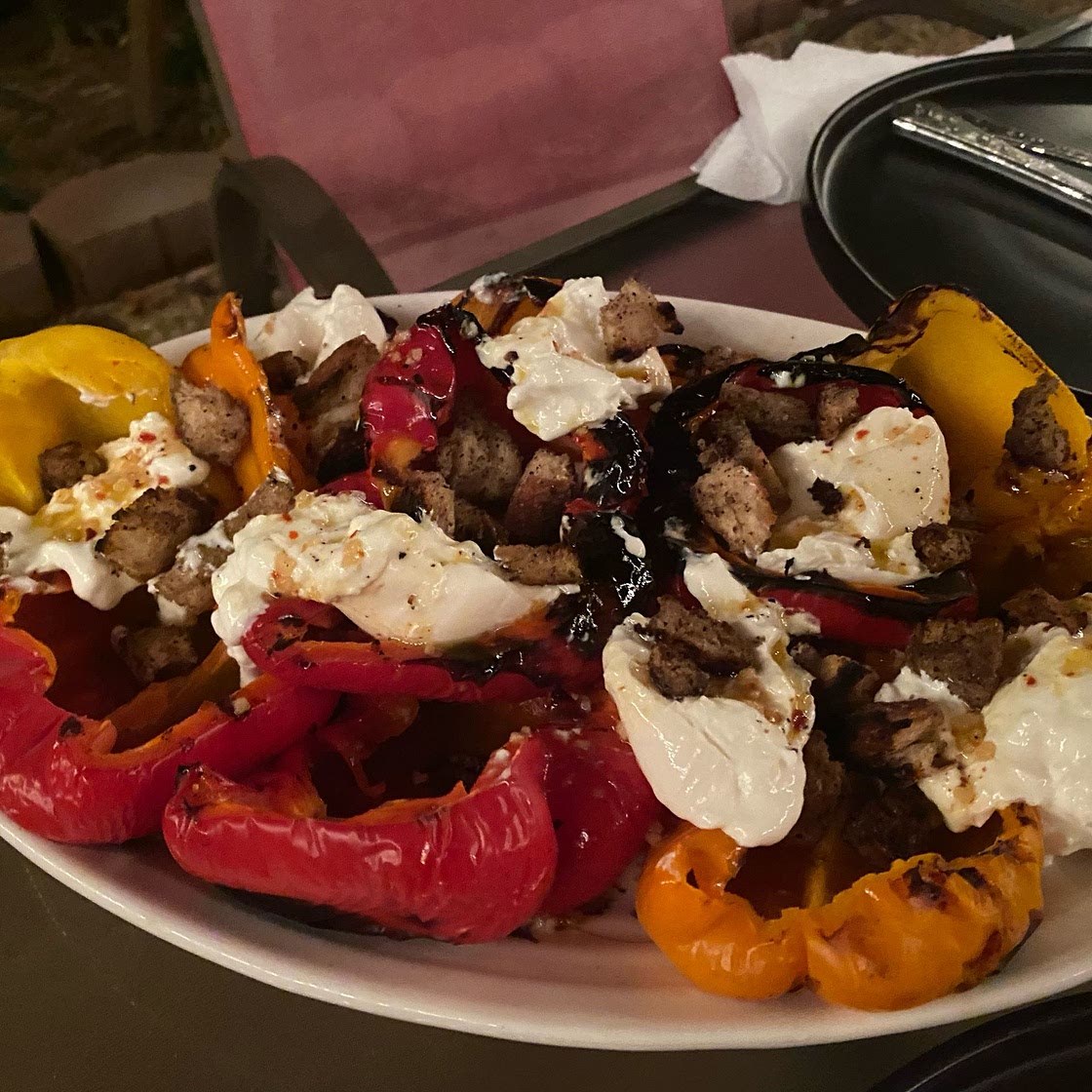Grilled Marinated Peppers with Burrata and Breadcrumbs