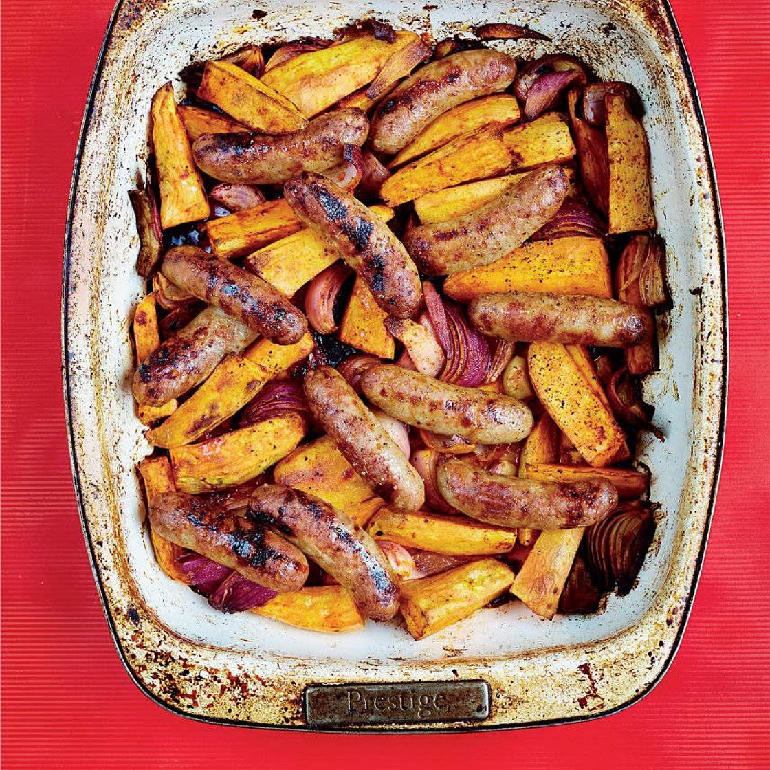 Smoky Sausage, Sweet Potato & Red Onion Traybake
