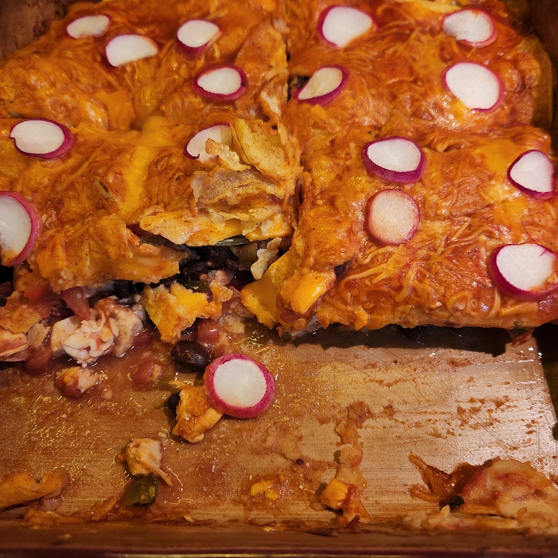 Chicken and Black Bean Enchilada Casserole with Mexi Corn