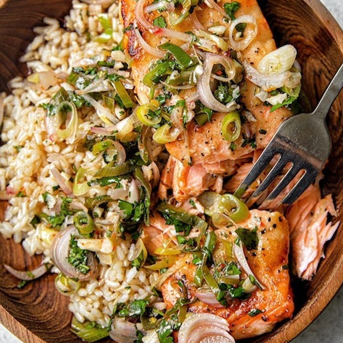 Miso Butter Salmon with Sizzled Scallion Salsa Verde