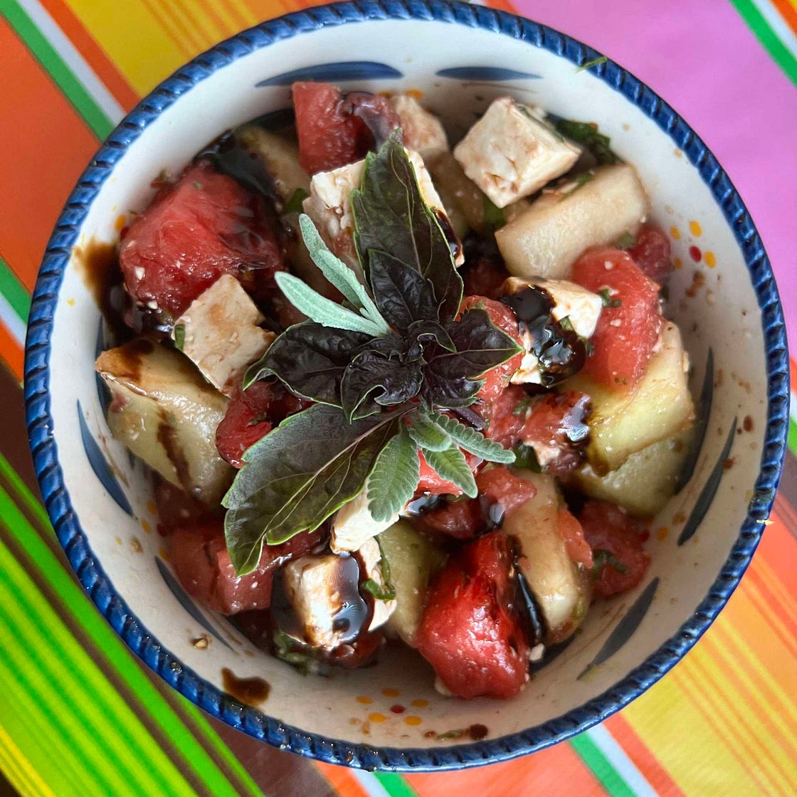 Spicy feta basil lavender and melon: summer salad