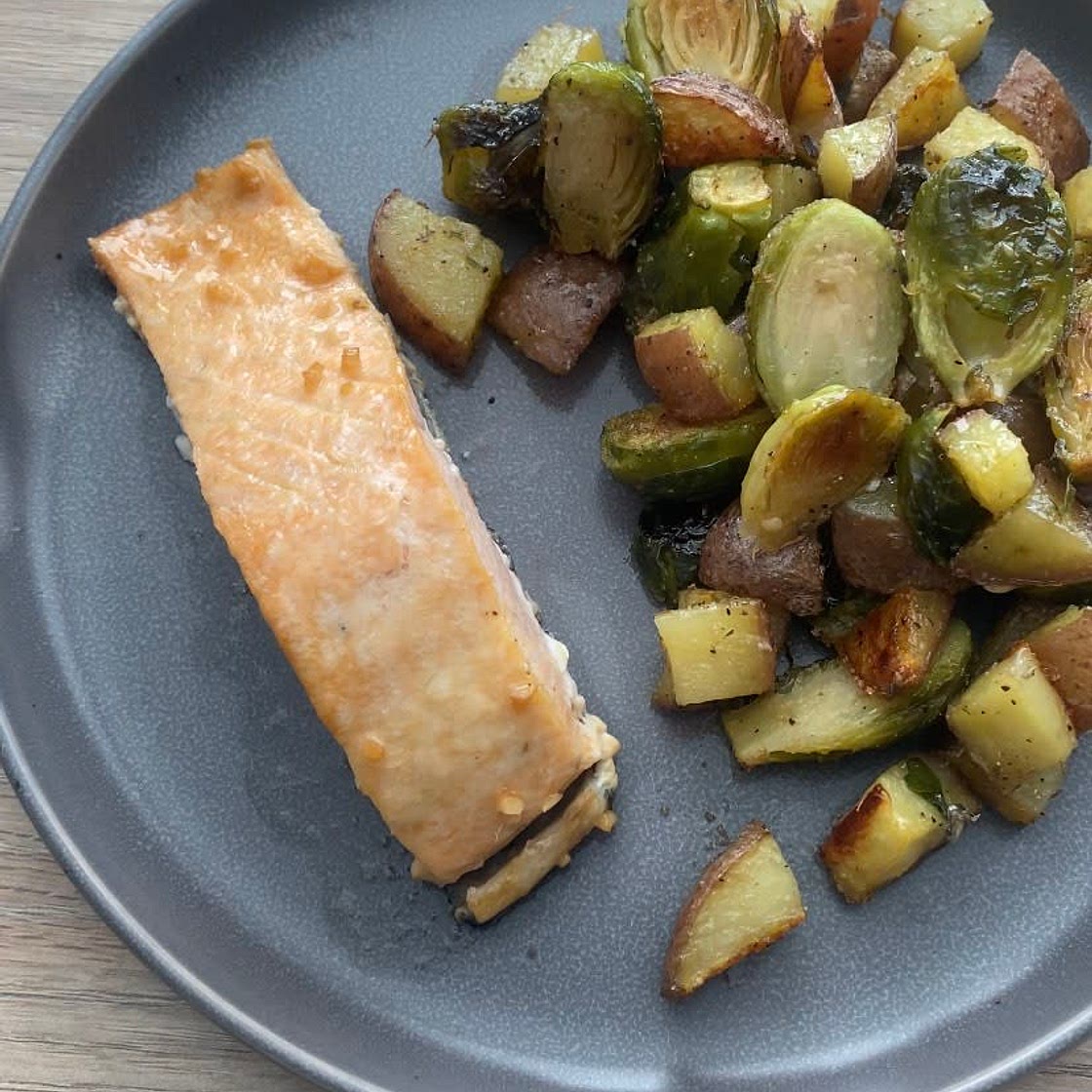 Sheet Pan Salmon, Potatoes and Brussel Sprouts