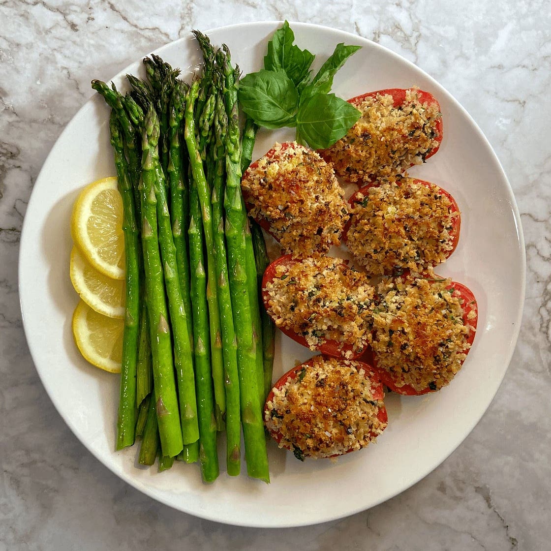 ROASTED ASPARAGUS WITH STUFFED TOMATOES PROVENCAL