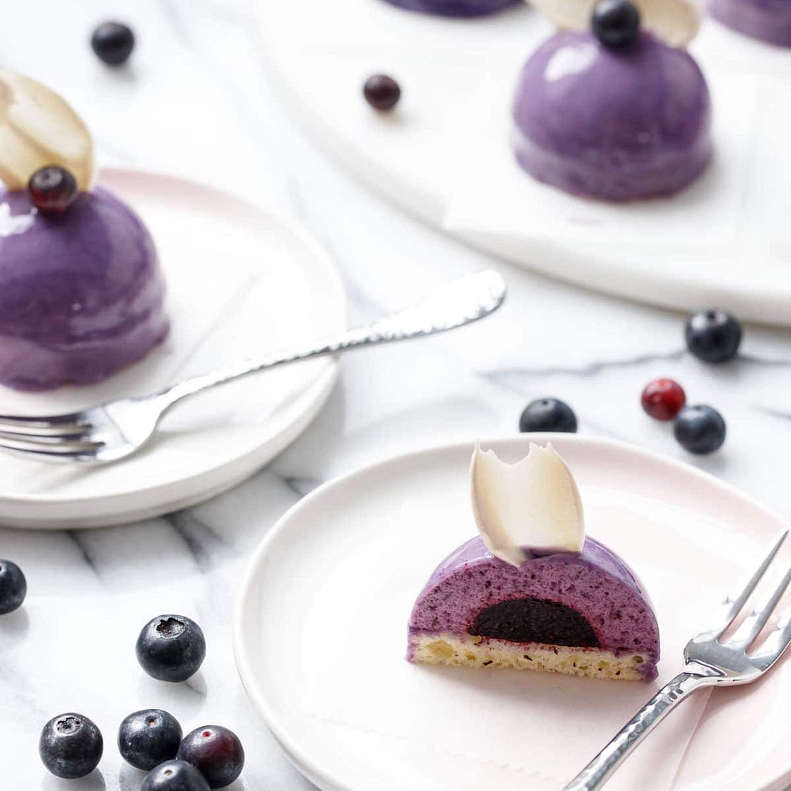 Mini Blueberry Mousse Cakes with Mirror Glaze