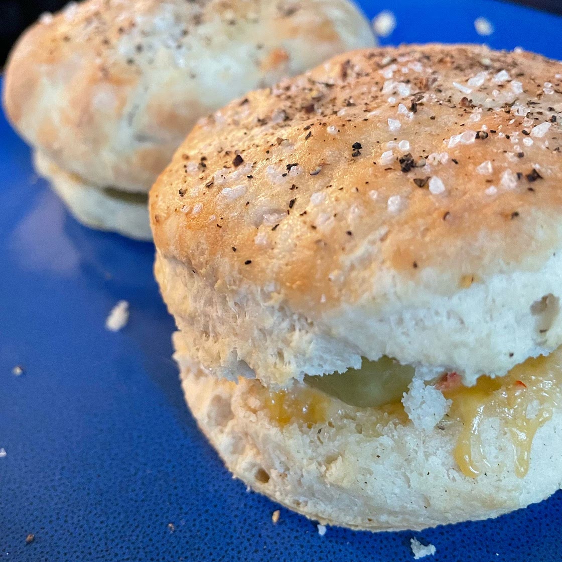 Buttermilk Biscuits with Pimento Cheese and Pickle Green Tomatoes — b. sweet