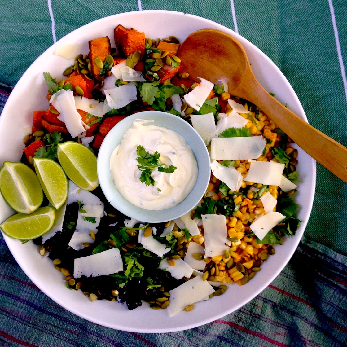 Barbecued corn and roasted butternut pumpkin with black beans and jalepeno sour cream
