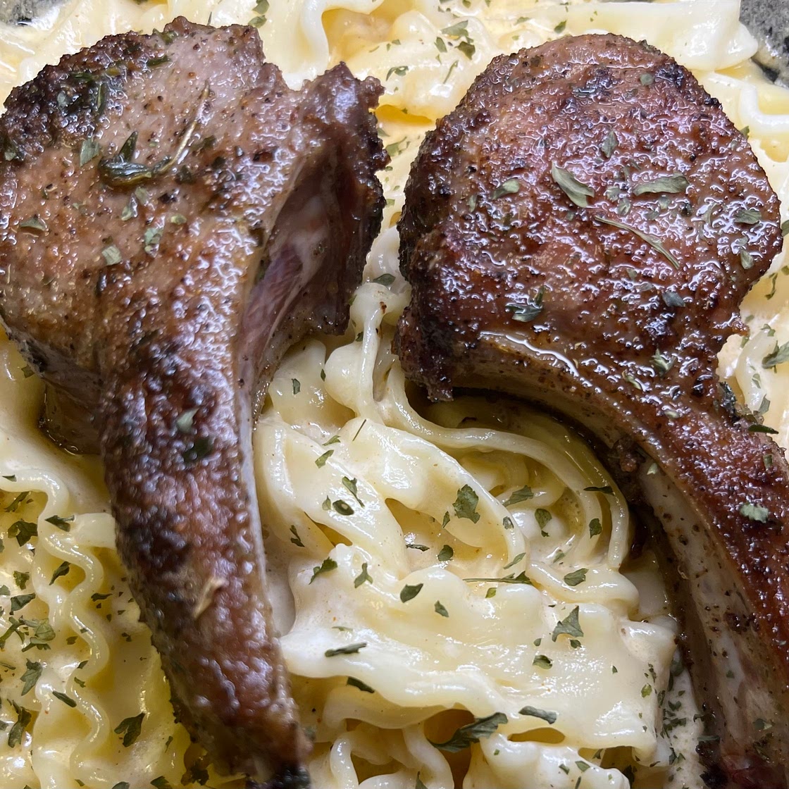 Garlic & Herb Crusted Lamb Chop w/ Creamy Mafaldine Alfredo