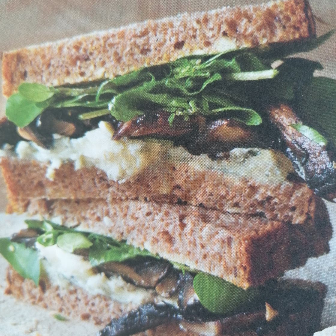 Watercress, mushroom and blue cheese sandwich