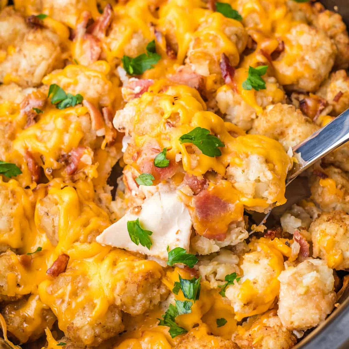 Crock Pot Cheesy Chicken, Bacon, & Tater Tot Bake