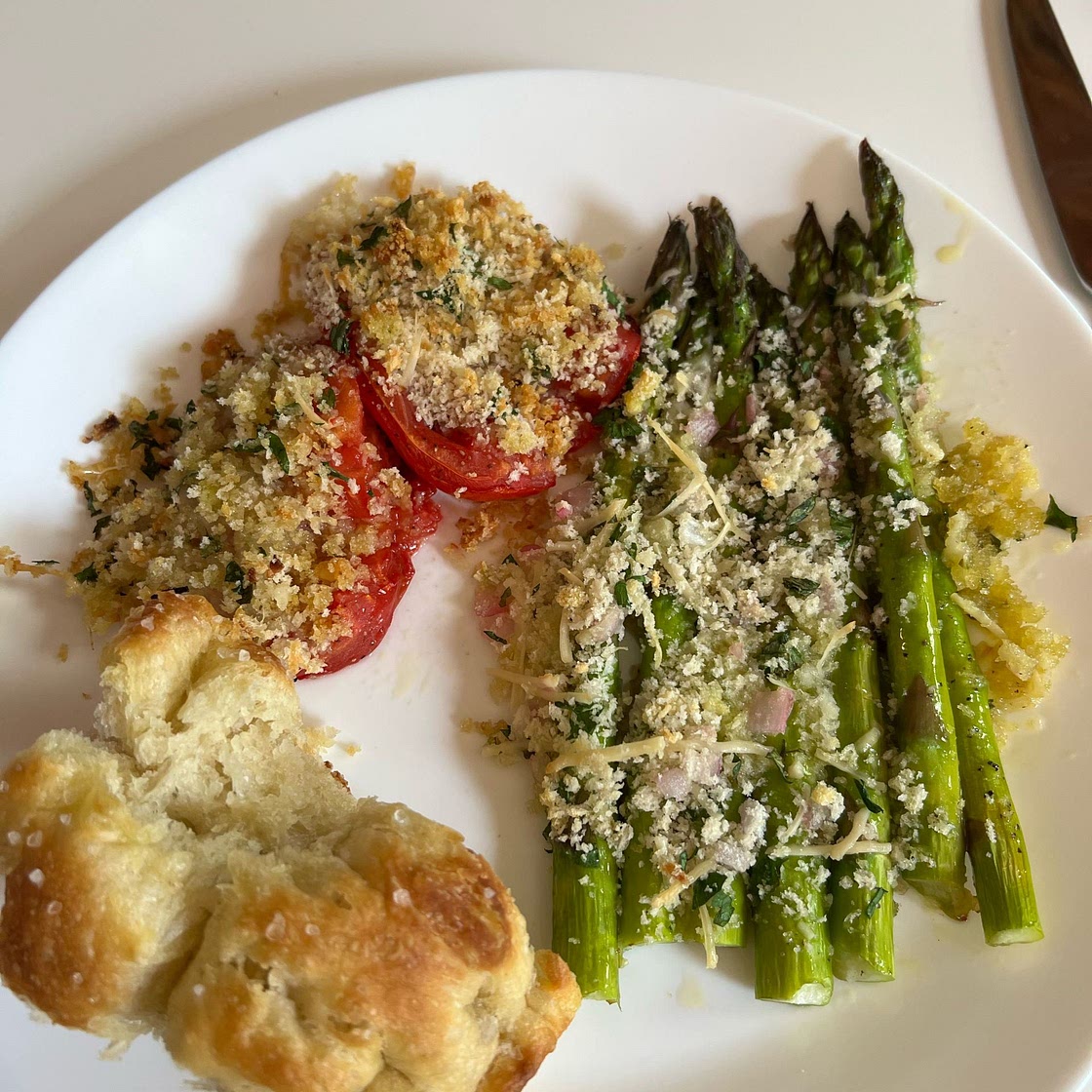 ROASTED ASPARAGUS WITH STUFFED TOMATOES PROVENCAL