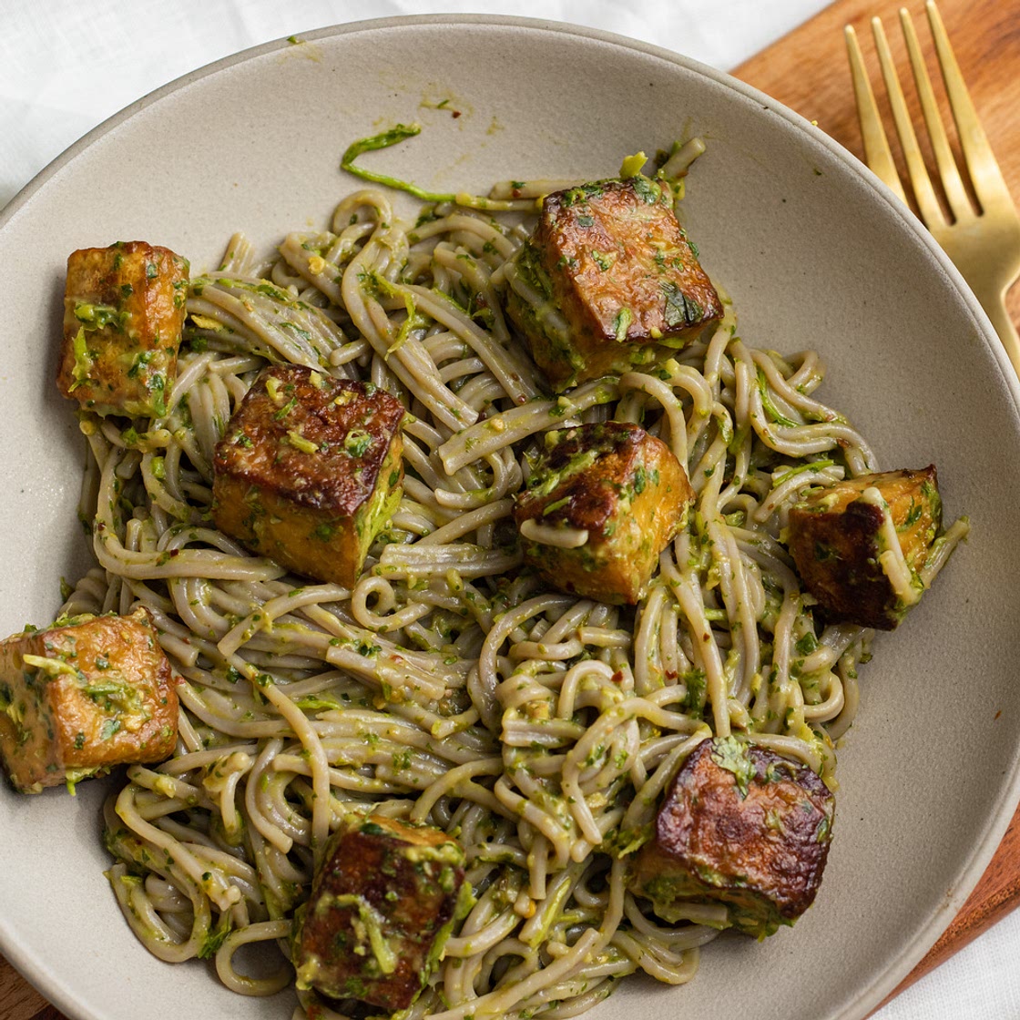 Soba Noodles with Crispy Tofu and Cilantro Avocado Sauce