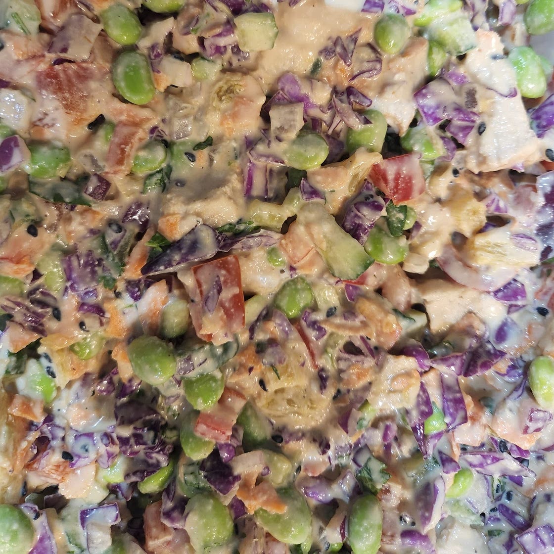 Chopped Chicken Cabbage Edamame Salad with Cashew Dressing