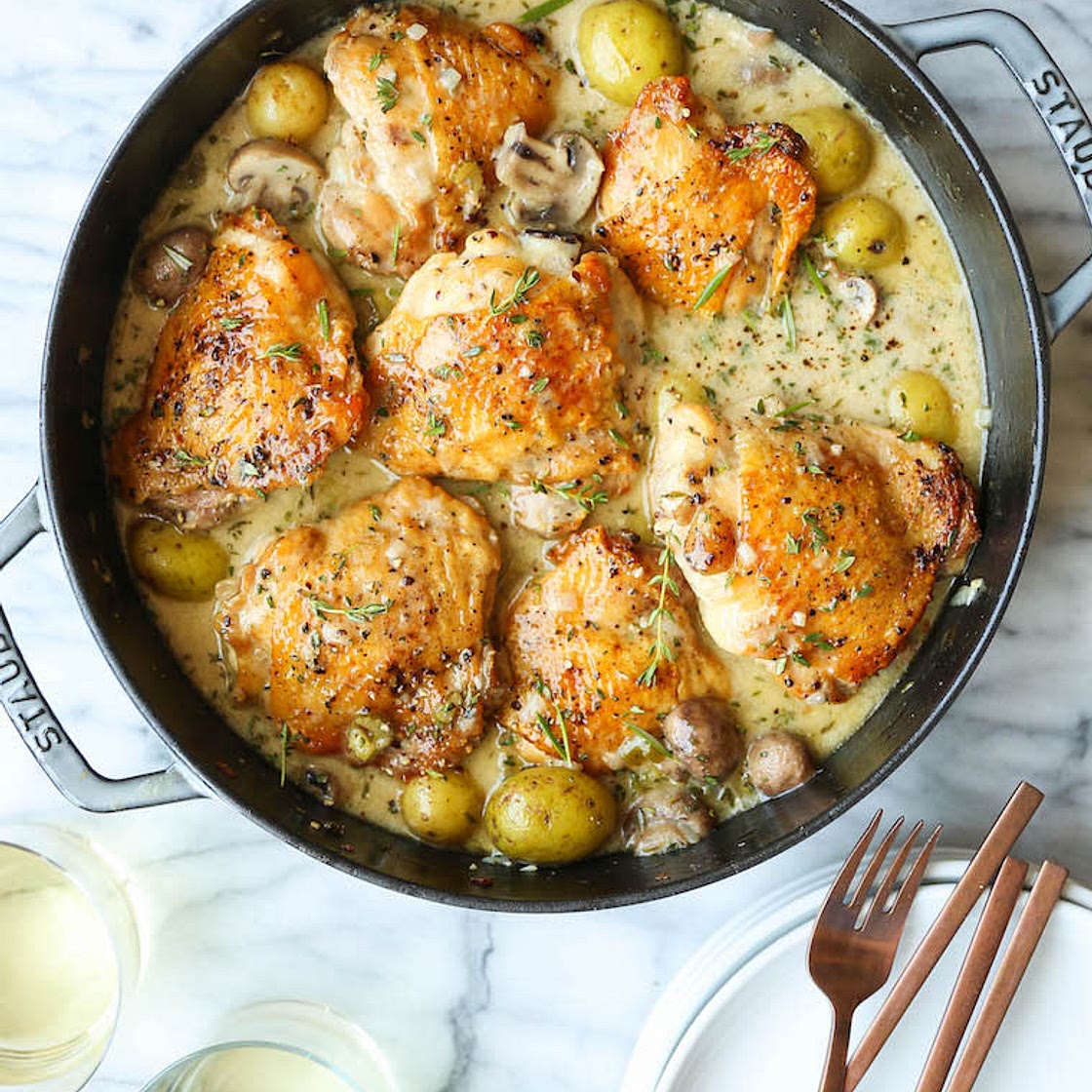 Chicken casserole, potatoes, green beans