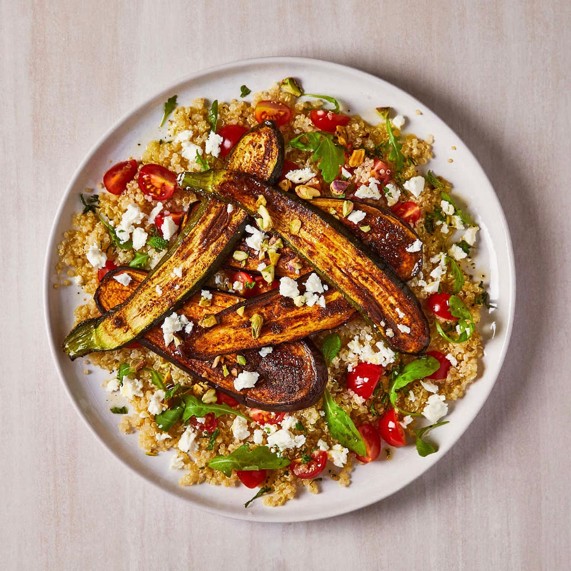 Spiced Aubergine & Courgette With Mint & Pistachio Quinoa