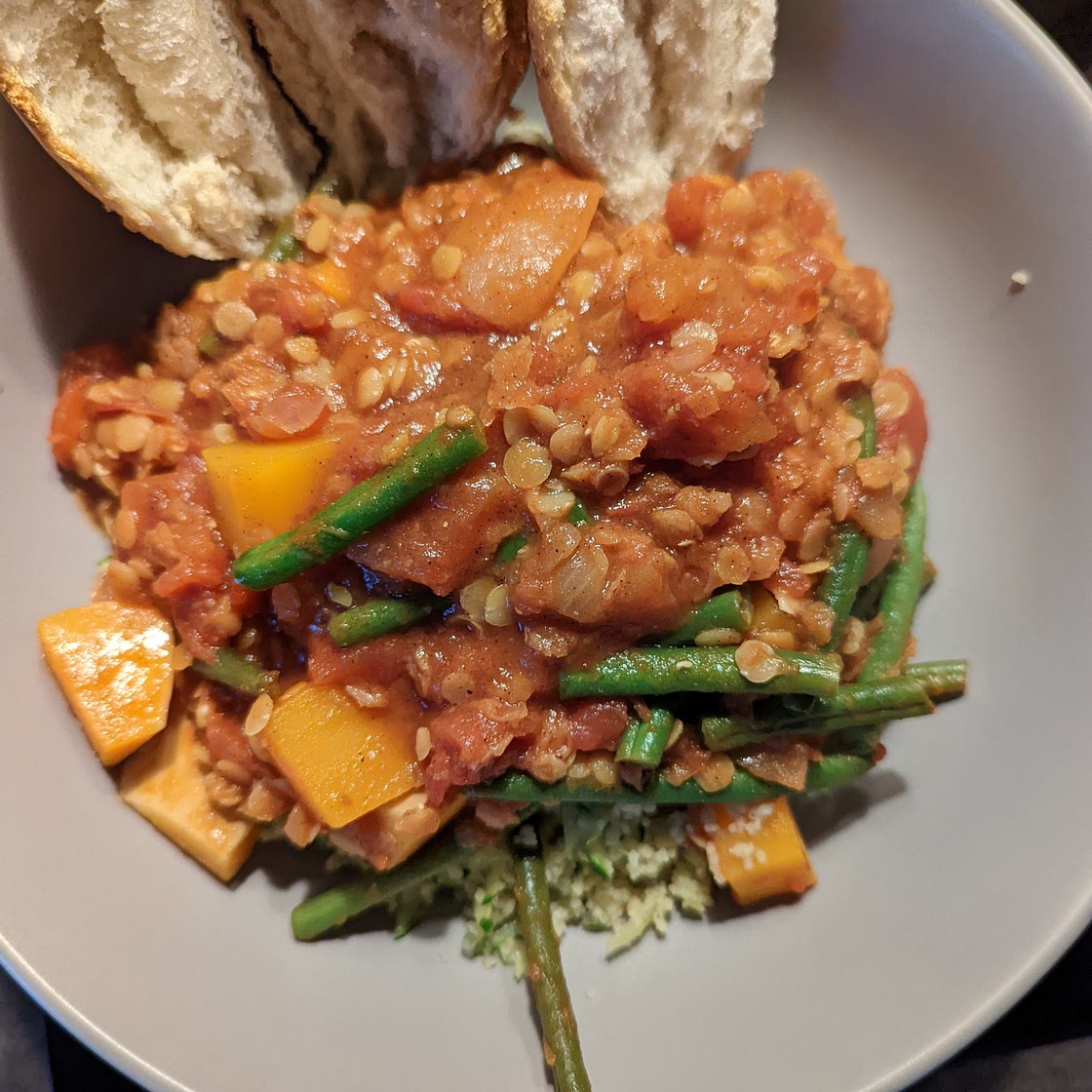 Vegan Lentil and Butternut Tagine with Courgette Couscous