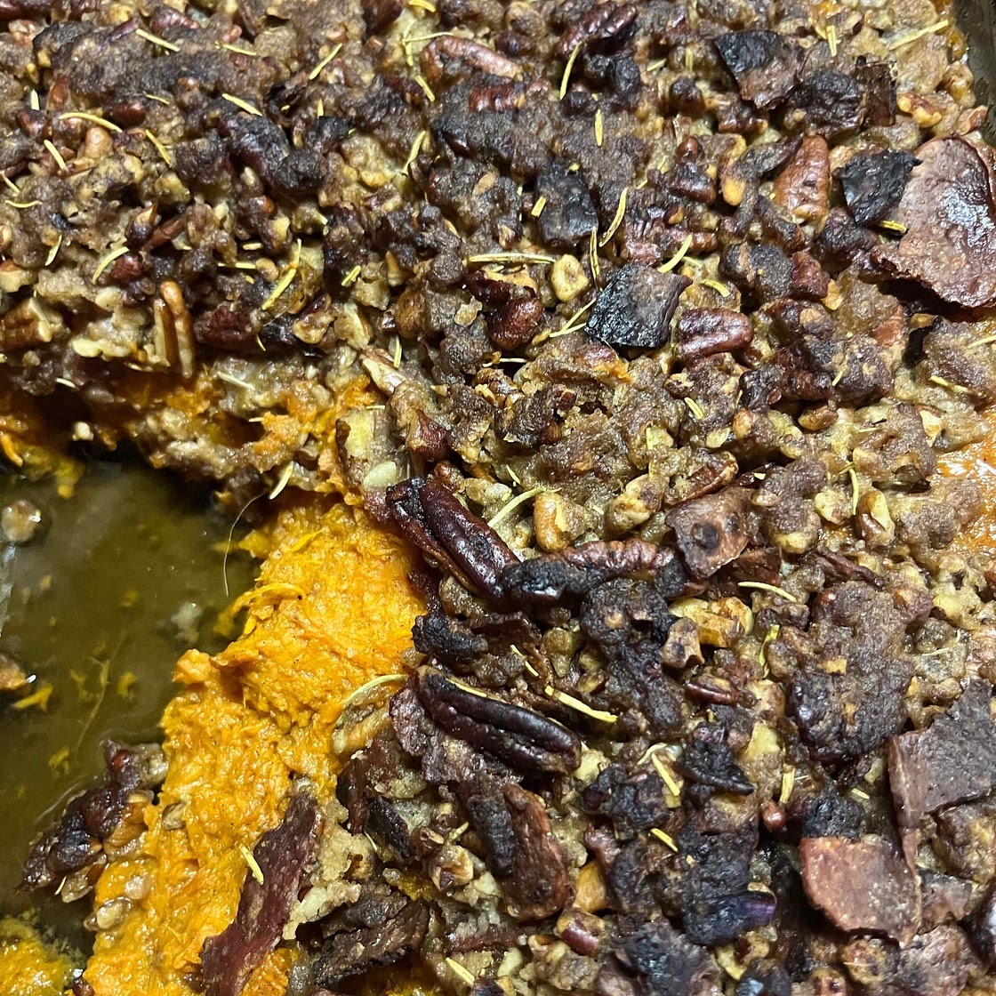 Bourbon Sweet Potato Casserole with Sweet ‘n’ Savory Bacon Pecans