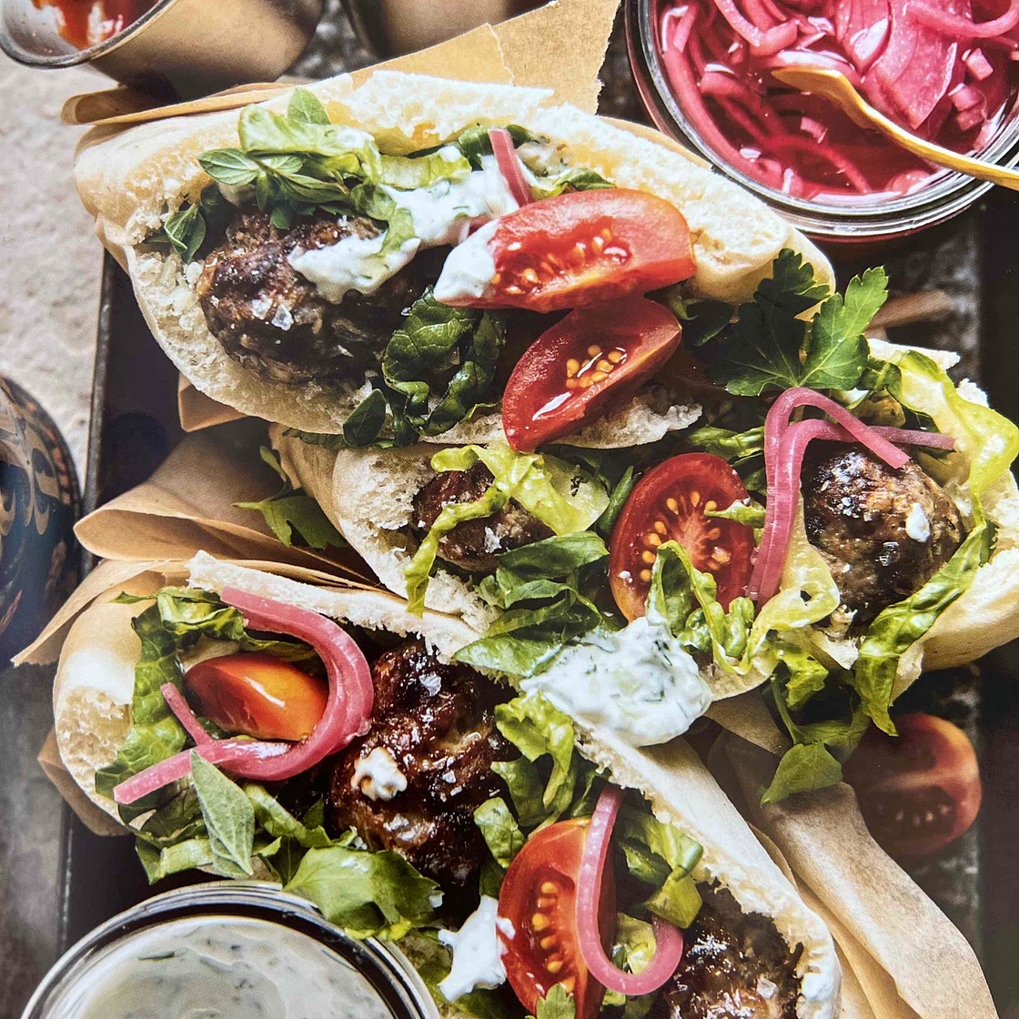 Kofta Gyros or “meatball pitas w/garlic fries & tzatziki”