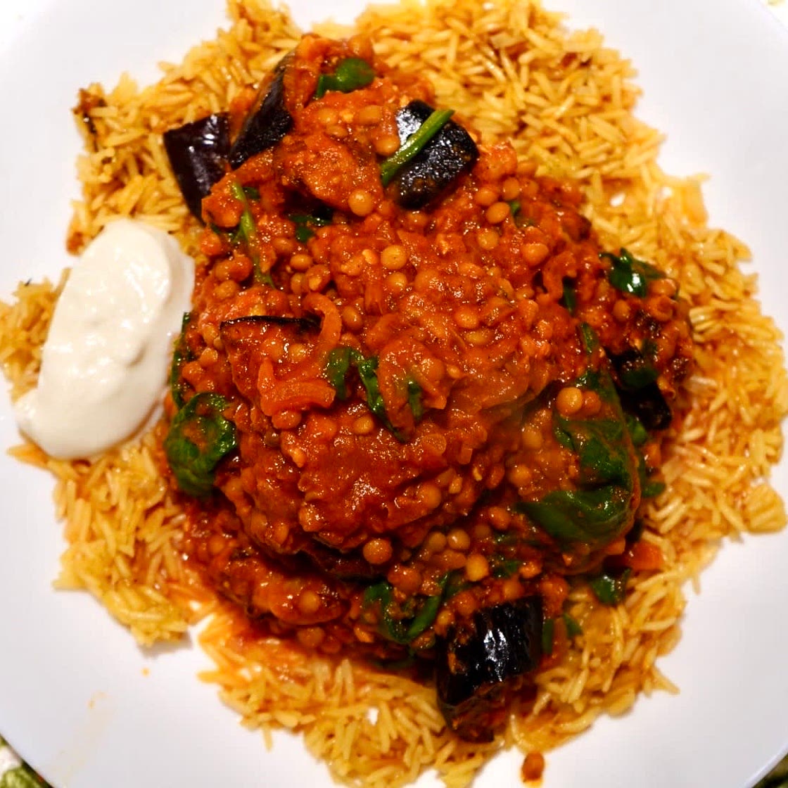 Aubergine & Lentil Dhansak with Cardamom Rice