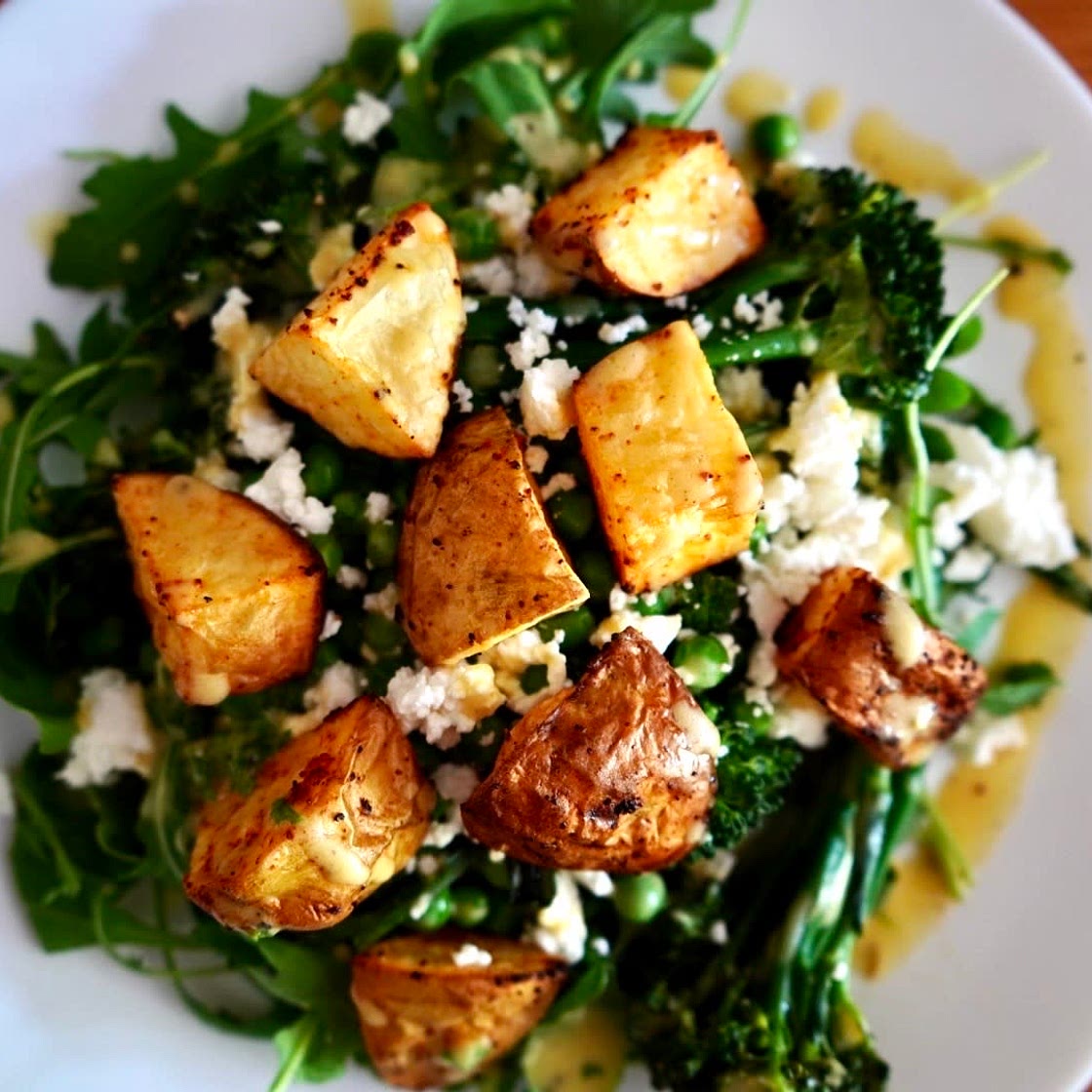 Pea, Mint, Broccoli & Feta salad with Roasted Potatoes and Dijon