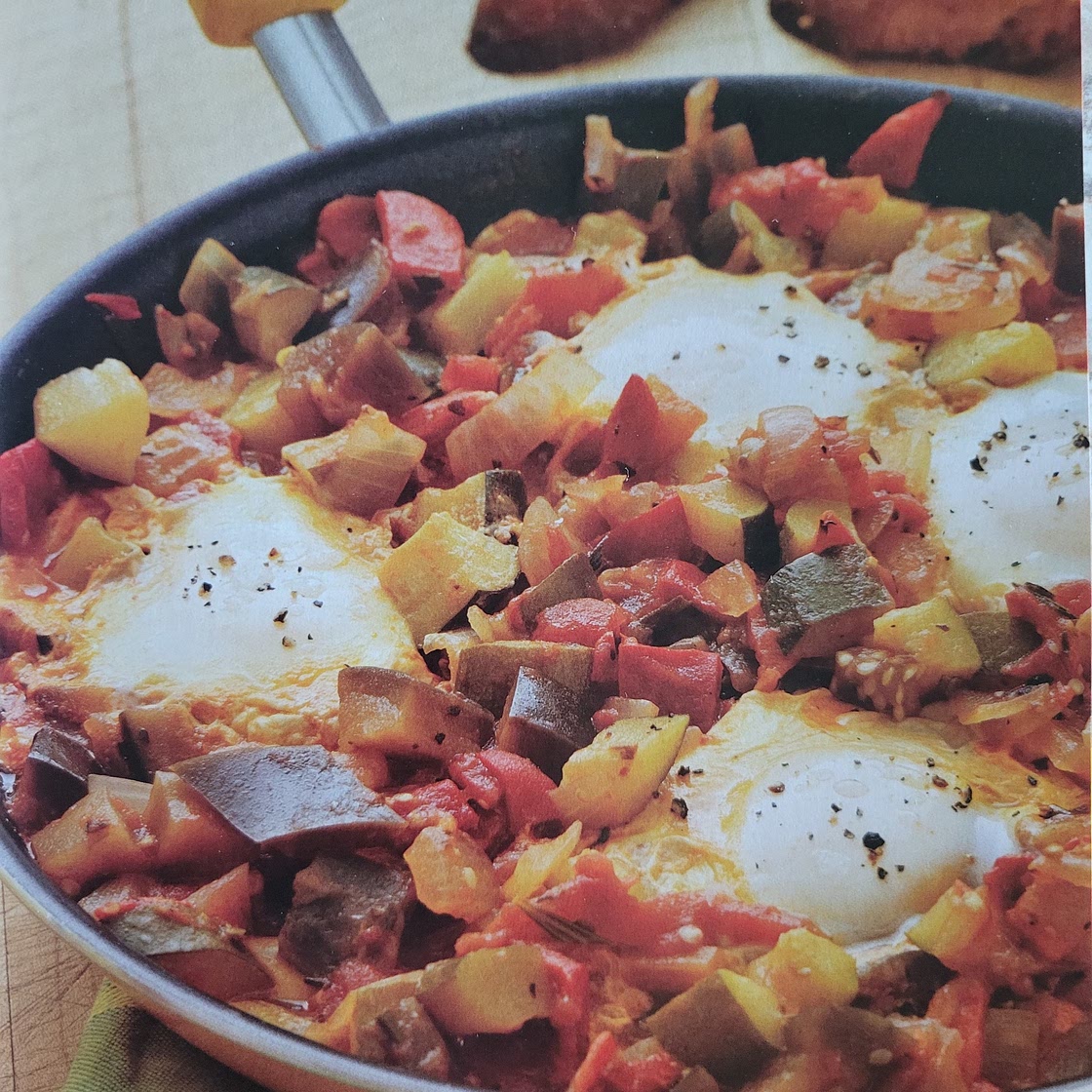 Ratatouille with poached eggs and garlic croutons