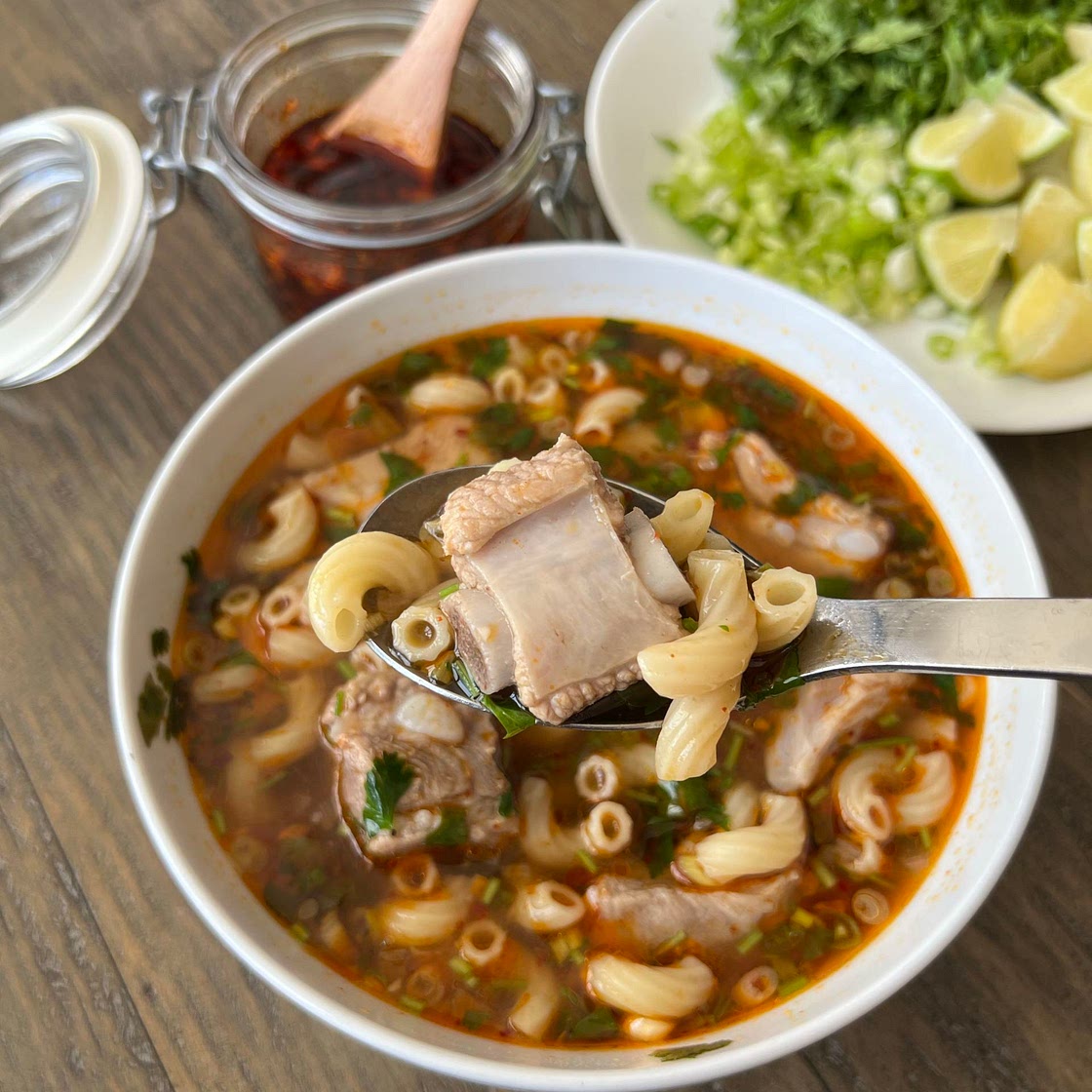 Pork spare ribs soup with macaroni