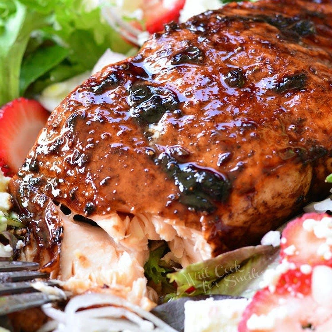 Strawberry Balsamic Glazed Baked Salmon Salad