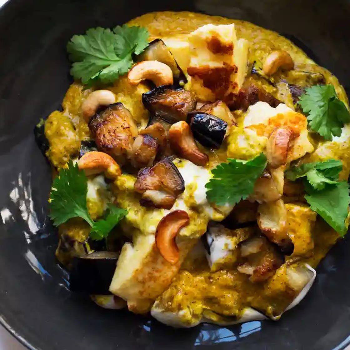 Paneer, cashew and aubergine korma