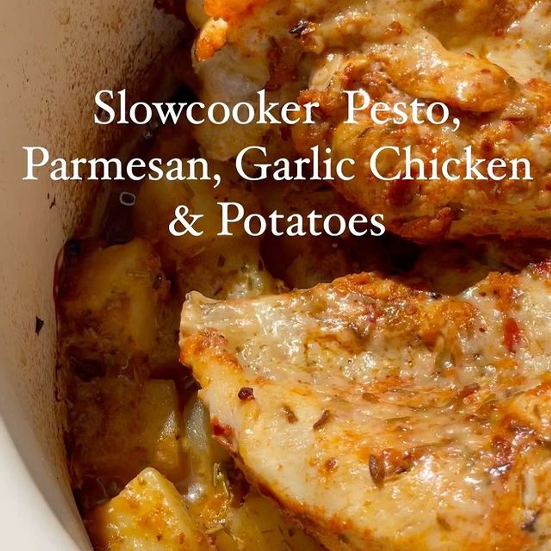 Slowcooker Pesto, Parmesan, Garlic Chicken &amp; Potatoes 🍗 (483 cals a serving) You would never ever think this came from a Slowcooker. Juicy chicken with potatoes cooked in garlic, pesto, parmesan and chicken juices. Absolutely unreal. This recipe serve