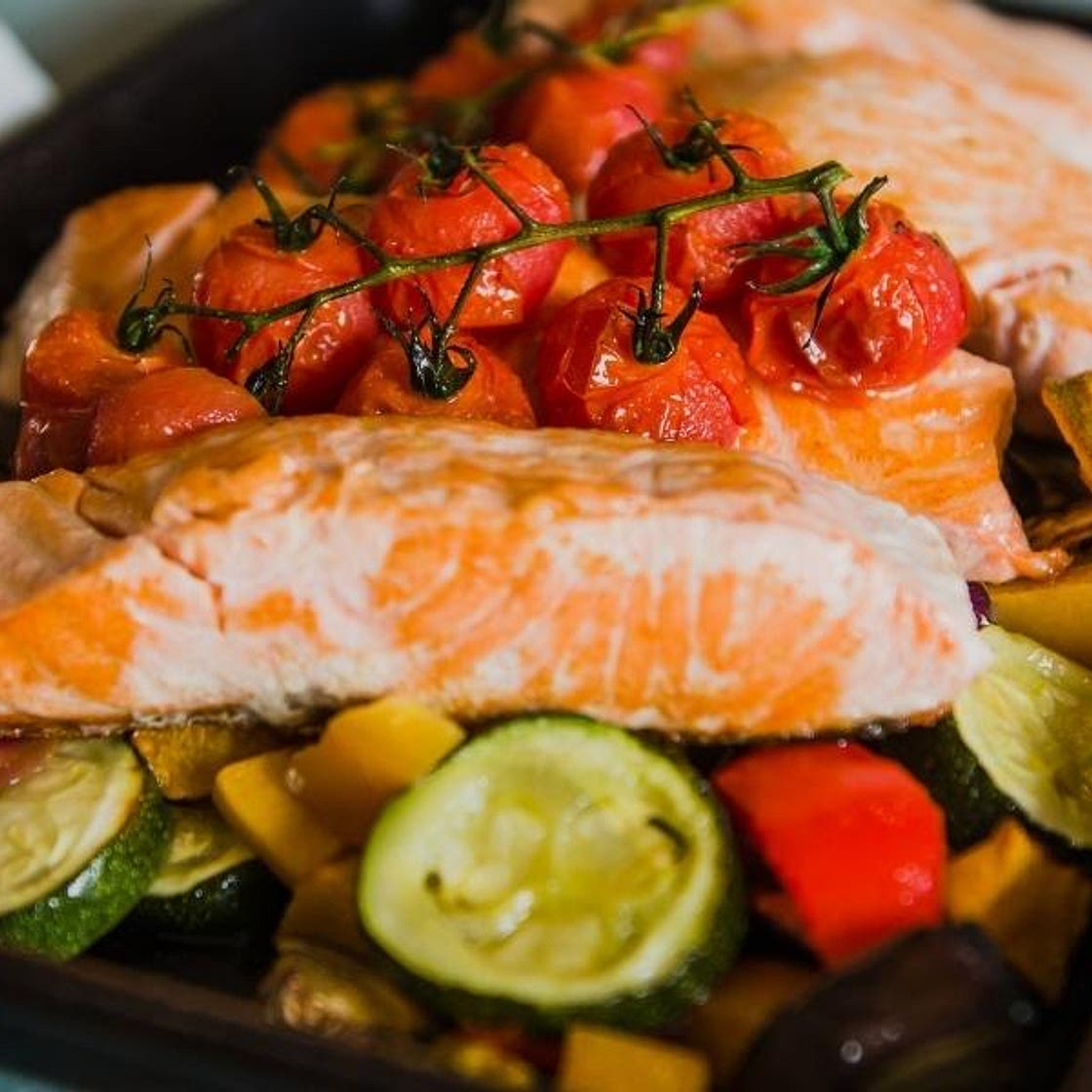 Salmon tray bake with Mediterranean veg