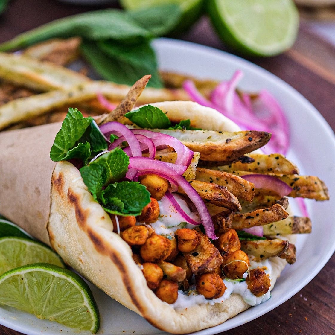 Tandoori Chickpea Gyros with Crispy Oven Baked Fries and Mint Raita - Wandering Chickpea