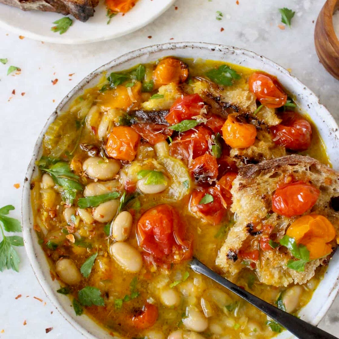 Vegan White Bean Soup with Roasted Tomatoes