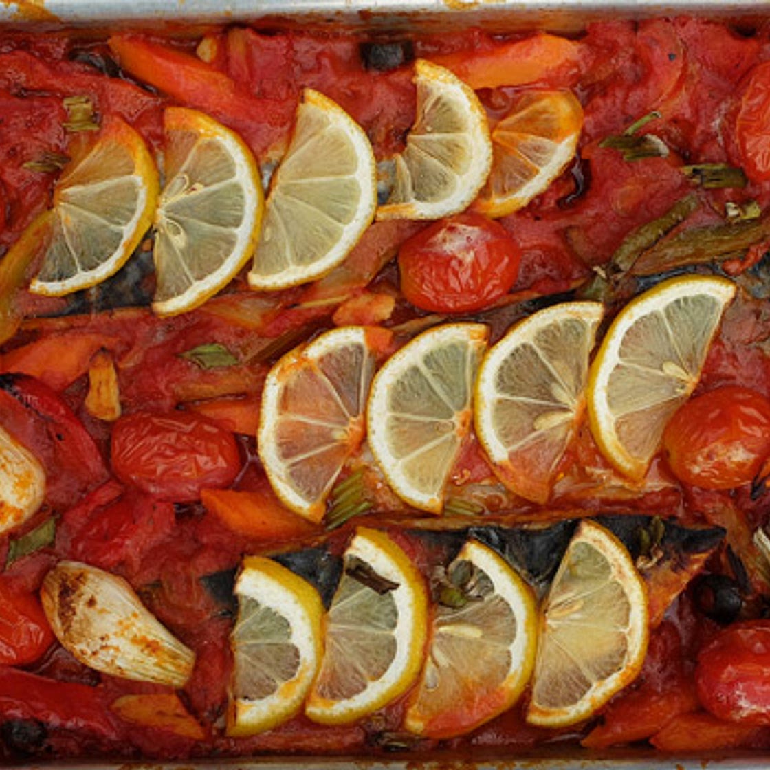 Baked mackerel fillets with herby Mediterranean vegetables