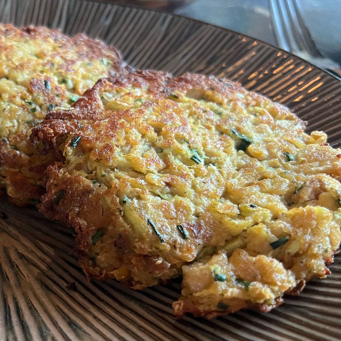 White Bean, Zucchini, and Harissa Fritters