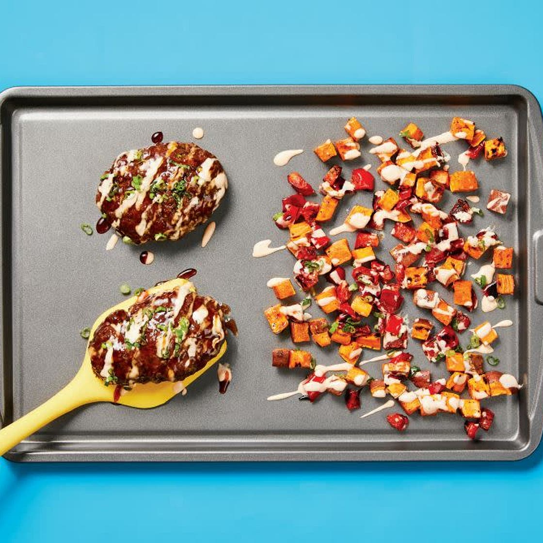 Sheet Pan Sweet Soy Meatloaves with Sweet Potato & Pepper Jumble plus Spicy Lime Mayo